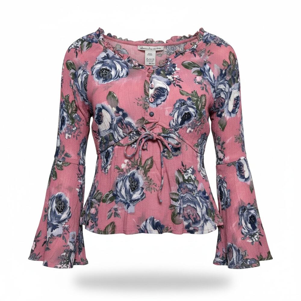 American Rag Dusty Rose Print Peplum Tie Front Bell Sleeve Blouse Size Medium